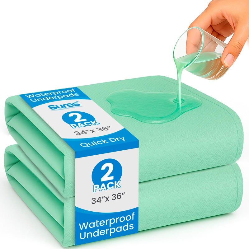 Sures Washable, Waterproof Bed Pad & Mattress Protector for Incontinence (34" x 36" - 2 Pack) - Reusable Bed Pad for Adults & Elderly - Bed Wetting Protection Mattress Pad - Underpad Bedwetting Sheet - Image 1